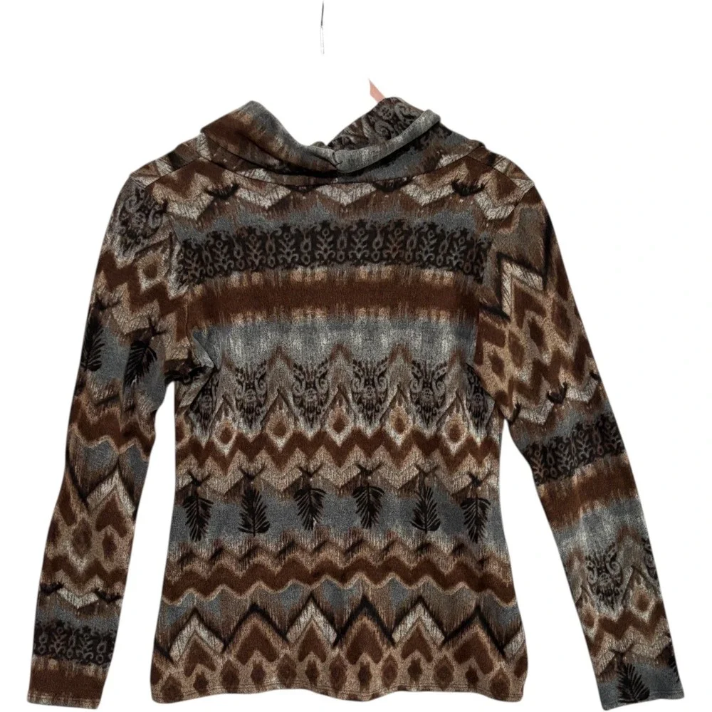 Daytrip Brown Boho Aztec Print Cowl Neck Long Sleeve Top Womens Sz L USA Stretch - Picture 4 of 6